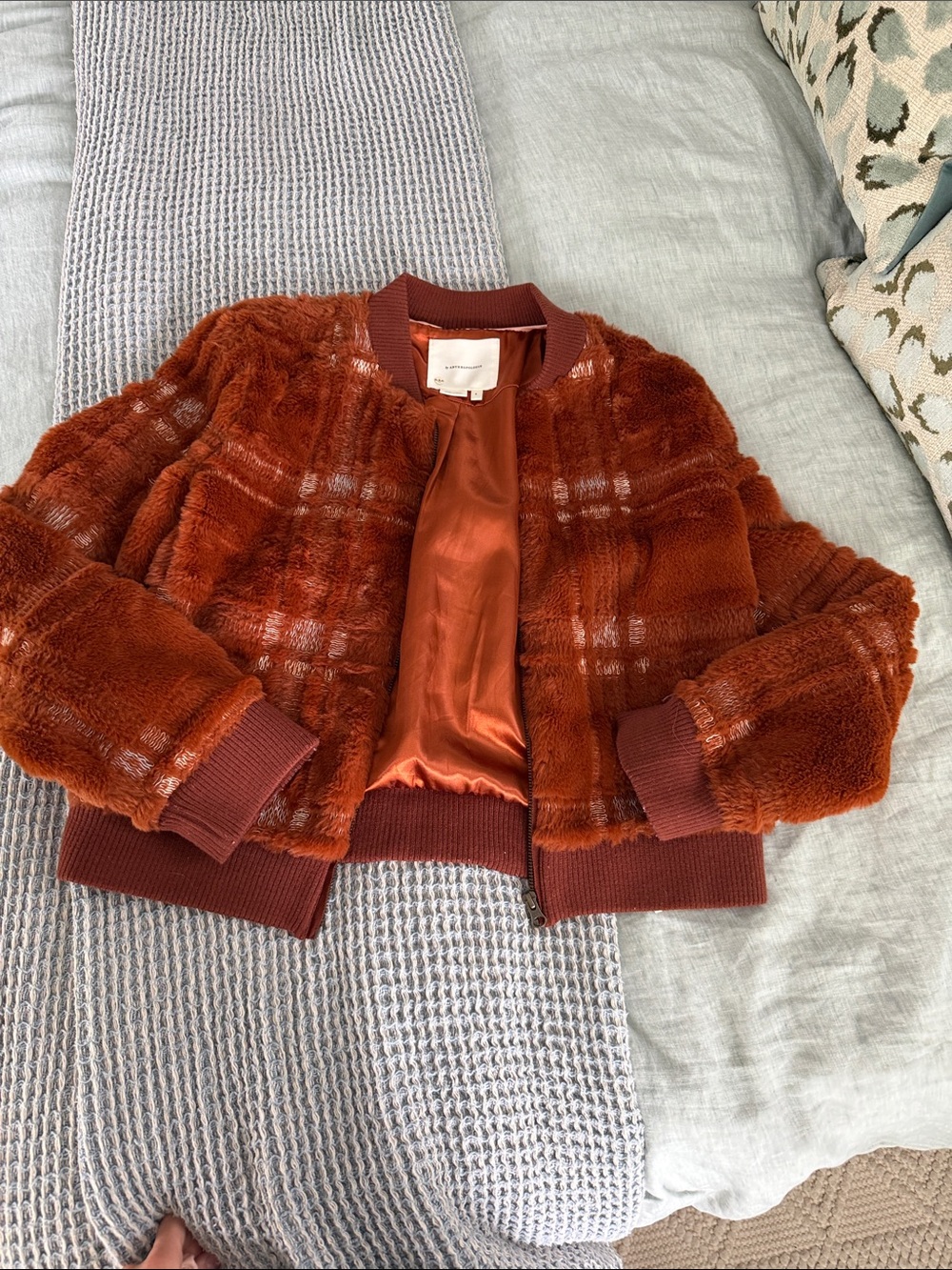 Anthropologie Rust Orange Faux Fur Bomber Jacket